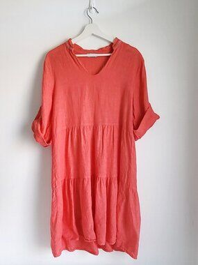 Giorgia Gianni Linen Dress Coral Pink Made in Italy Boho Tiered Shift Dress | M